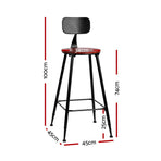 Two Artiss Alex industrial bar stools, dark brown seat and black metal frame, curved removable backrest