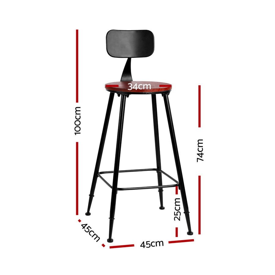 Two Artiss Alex industrial bar stools, dark brown seat and black metal frame, curved removable backrest