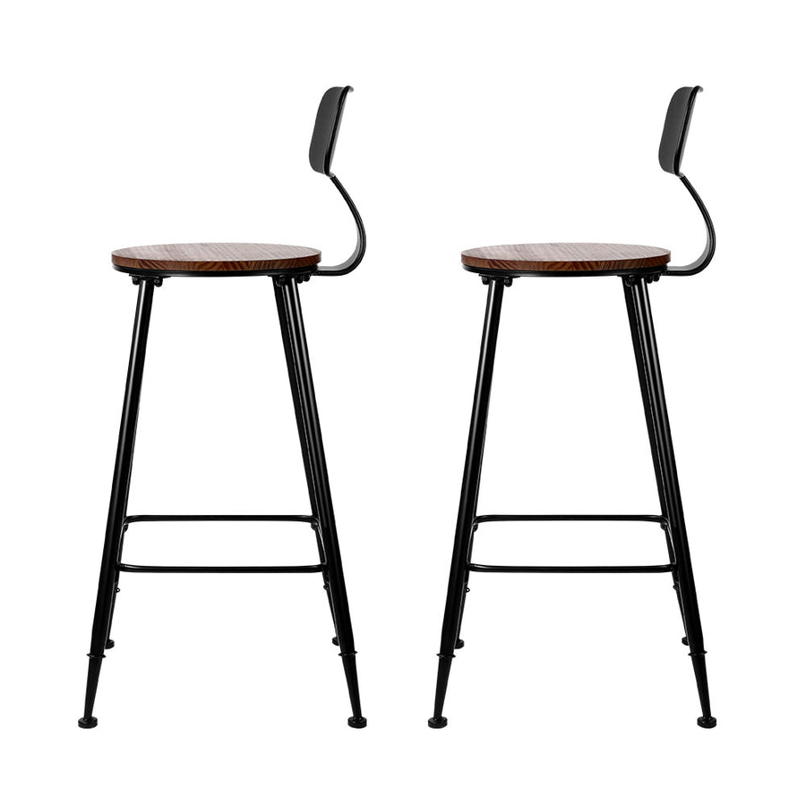 Two Artiss Alex industrial bar stools, dark brown seat and black metal frame, anti-slip feet