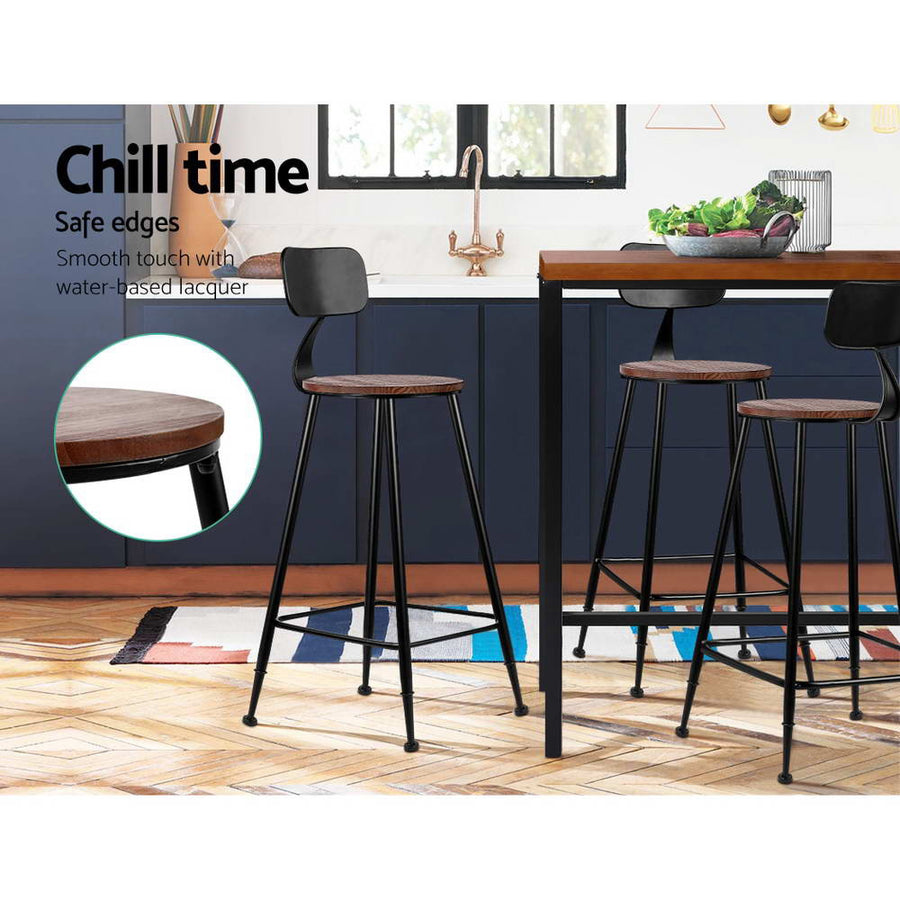 Two Artiss Alex industrial bar stools, dark brown seat and black metal frame, solid dark brown seat