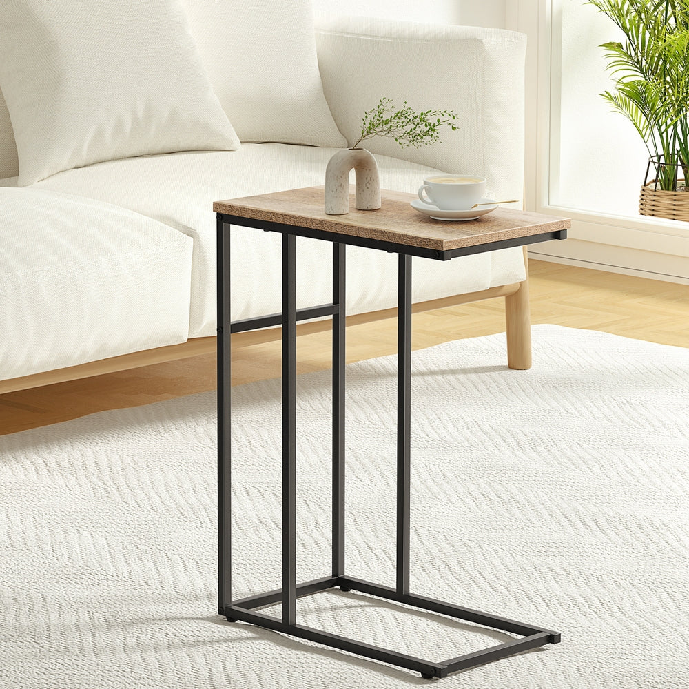 Rustic Industrial C-Shaped Side Table with Metal Frame for Sofa and Bedside Use