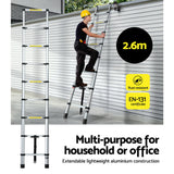 Giantz 2.6M Telescopic Ladder Aluminium Extension Extendable Steps Adjustable Height - 45-Degree Angle
