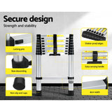 Giantz 2.6M Telescopic Ladder Aluminium Extension Extendable Steps Adjustable Height - Rear View