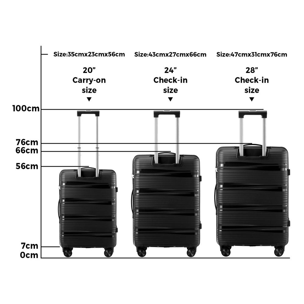 Mazam 3PCS Luggage Suitcase Set PP Case TSA Lock Black