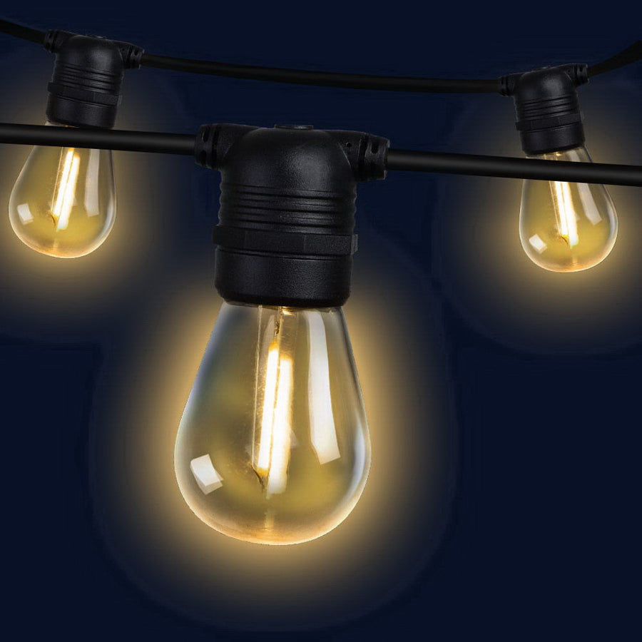 50m LED festoon string lights with 50 bulbs, IP44 outdoor string light kit