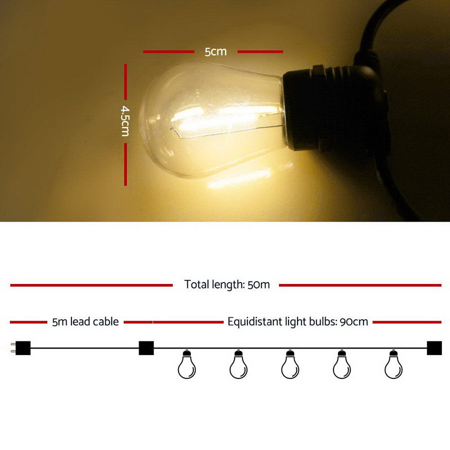 50m LED festoon string lights with 50 bulbs, IP44 outdoor string light kit, S14 bulb holders spaced 90cm apart