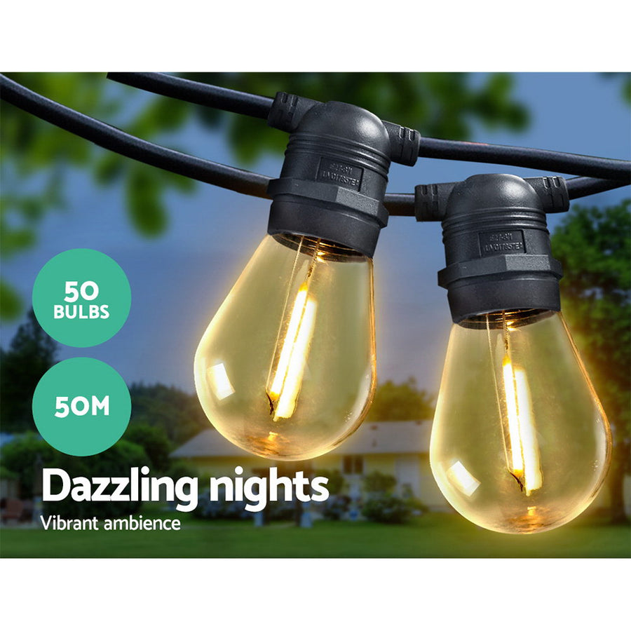 50m LED festoon string lights with 50 bulbs, IP44 outdoor string light kit, connector between string sets