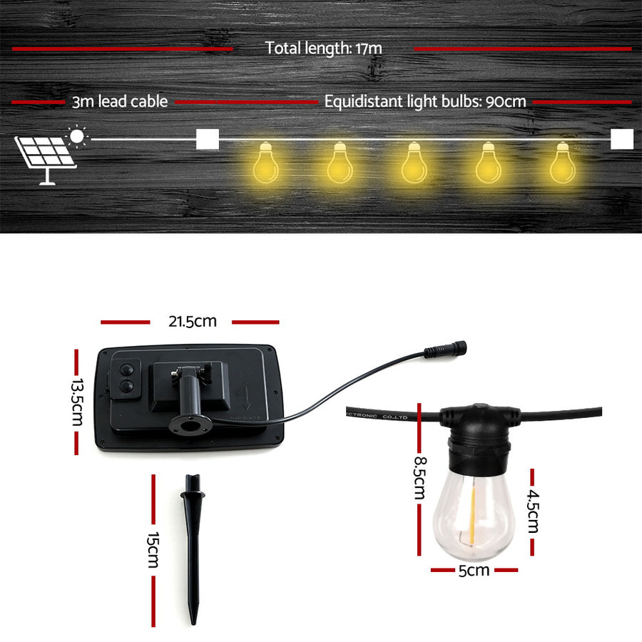 17m outdoor solar festoon string lights with 15 warm white bulbs, warm white S14 bulbs
