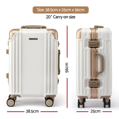 Wanderlite 20 inch white and gold aluminium frame carry on suitcase, TSA-approved combination lock