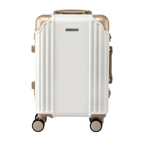Wanderlite 20 inch white and gold aluminium frame carry on suitcase, 360° spinner wheels
