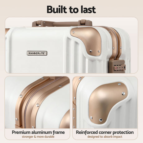 Wanderlite 20 inch white and gold aluminium frame carry on suitcase, telescopic handle
