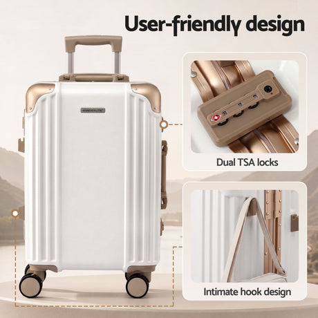 Wanderlite 20 inch white and gold aluminium frame carry on suitcase, zip pockets and securing straps