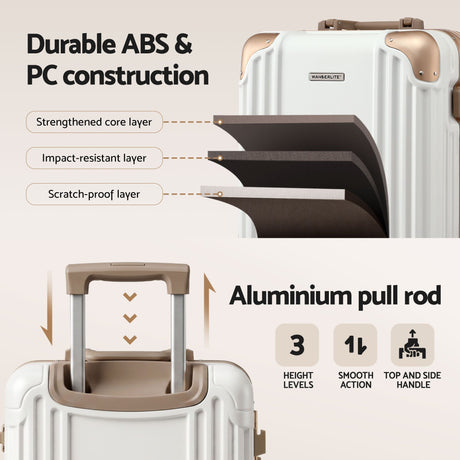 Wanderlite 20 inch white and gold aluminium frame carry on suitcase, reinforced metal corners