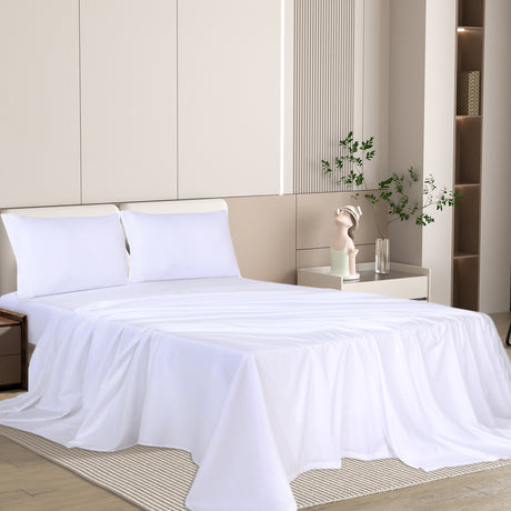 Dreamz 4pcs Double Size 100% Bamboo Bed Sheet Set in White Colour-1954802919341690886