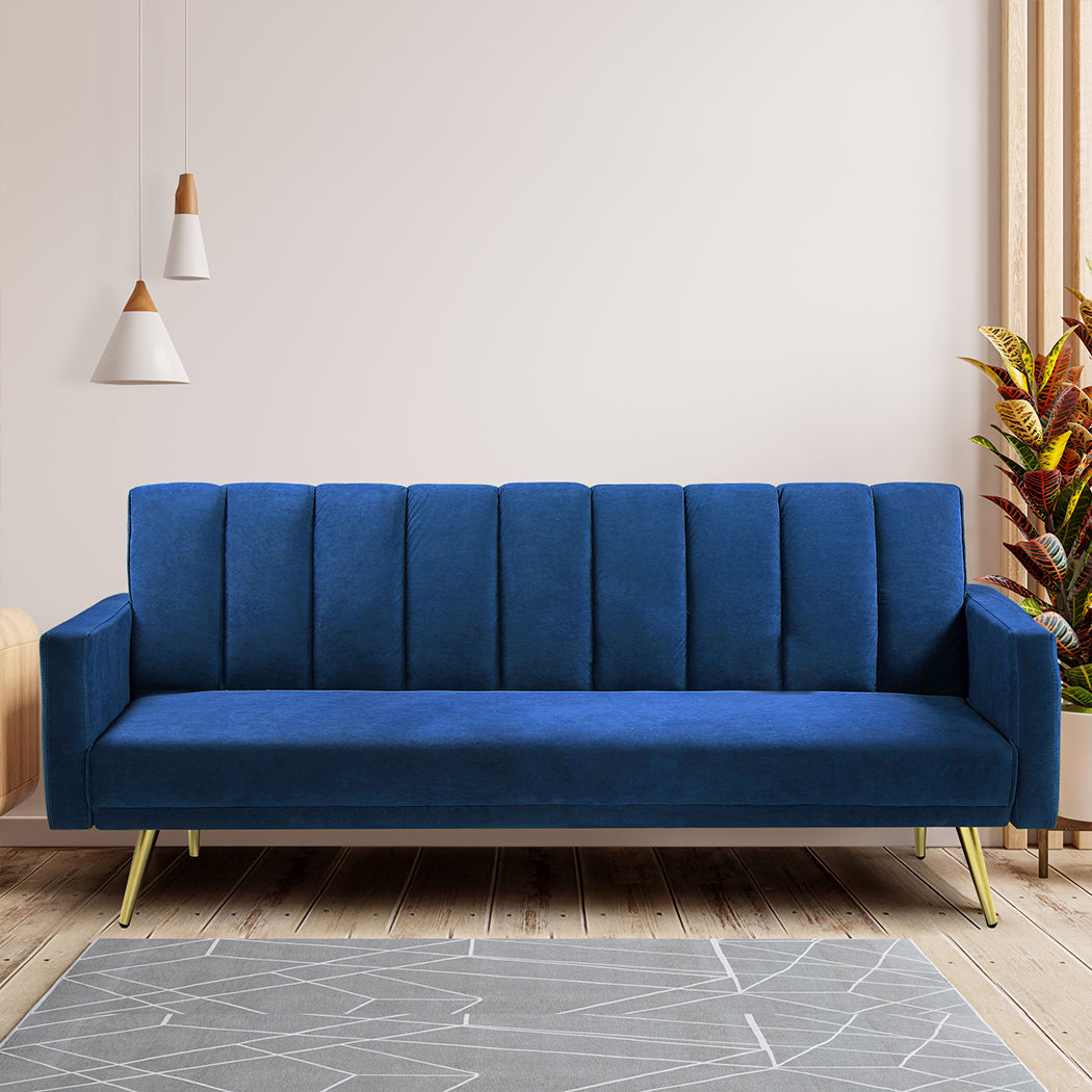 Levede Sofa Bed Convertible Velvet Lounge Recliner Couch Sleeper 3 Seater Blue-1954802342377426950
