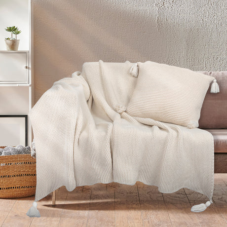 DreamZ Knitting Throw Blanket Cushion Beige-1954802941626028038