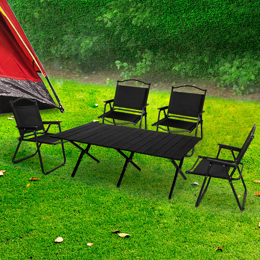 Levede Folding Camping Table Chair Set Black-2006733114986074118