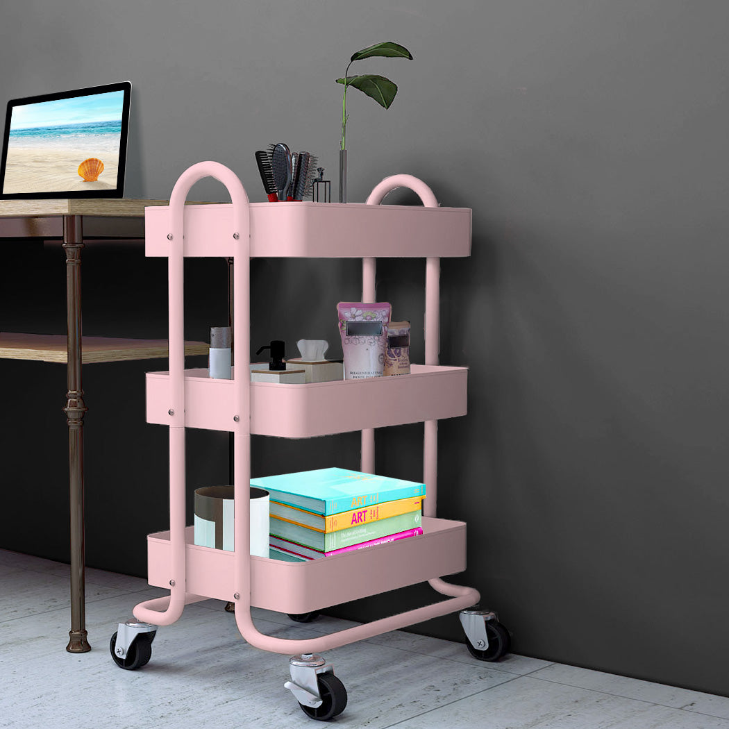 Levede 3 Tiers Kitchen Trolley Cart Pink-2018816727663644678