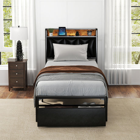 Levede Single Bed Frame Leather Headboard RGB 2 Drawers-2006732795887620102