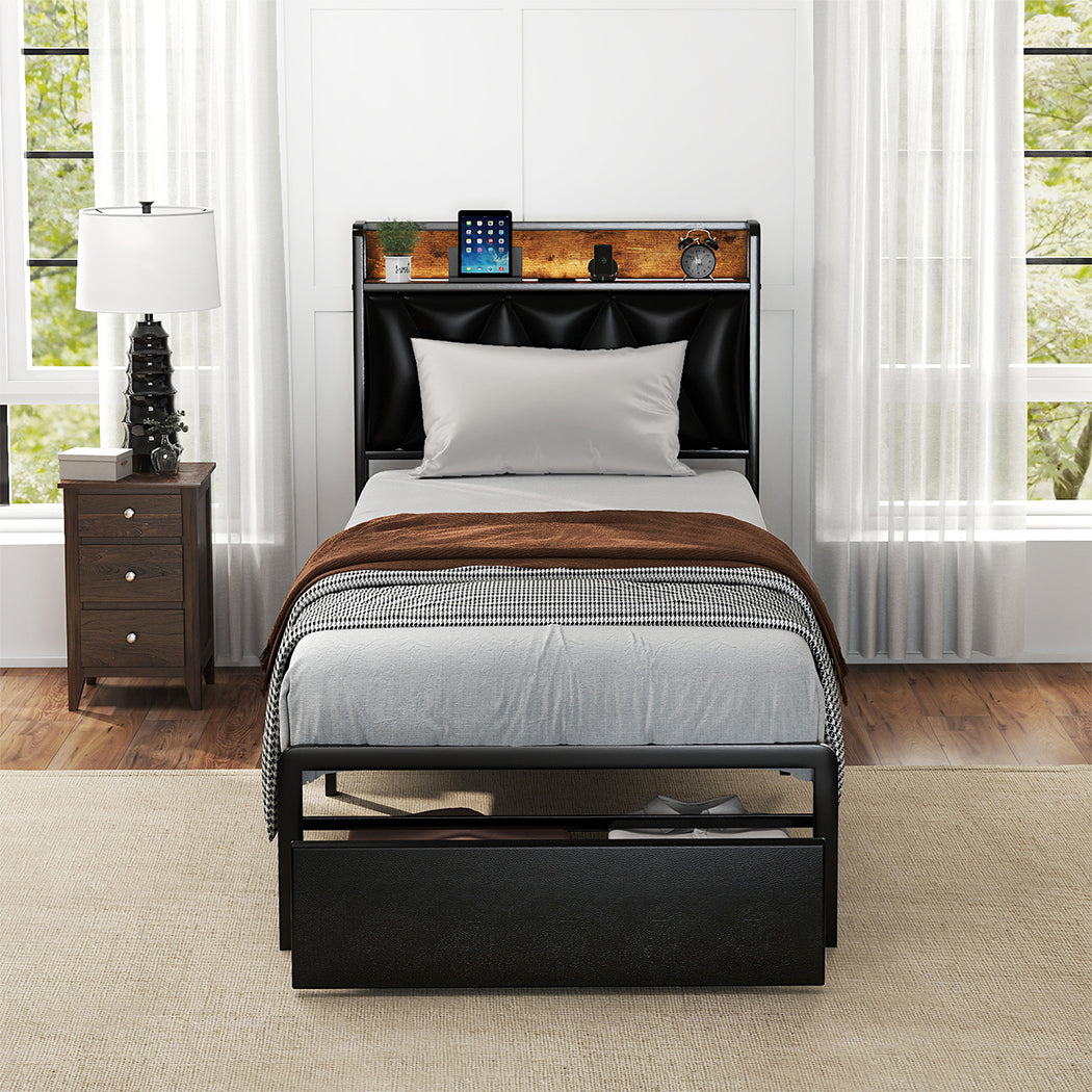 Levede Single Bed Frame Leather Headboard RGB 2 Drawers-2006732795887620102