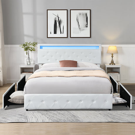 Levede Queen Bed Frame RGB LED PU 4 Drawer USB-2018816936401571846