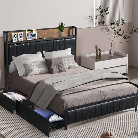 Levede Queen Bed Frame PU 4 Drawer USB Charge-2018816936221216774