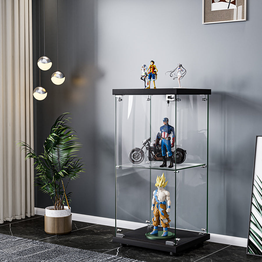 Stacked Display Cabinet Collection Storage Tempered Glass 2 Tier With Lock Black-2018816906798174214