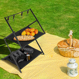 Levede Foldable Camping Storage Shelves 2 Layer with Hooks Black - Close-Up Angle