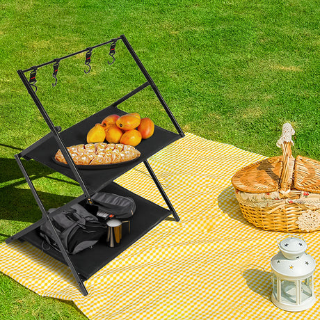 Levede Foldable Camping Storage Shelves 2 Layer with Hooks Black-2018816784416772103