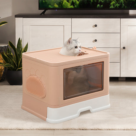 PaWz Foldable Cat Litter Box Tray Enclosed Pink-2018816753664135174
