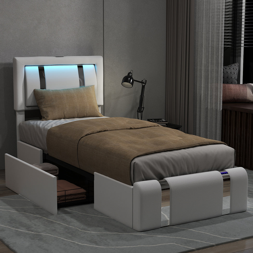 Levede Single Bed Frame Leather Headboard RGB 2 Drawers-2006732796336410630