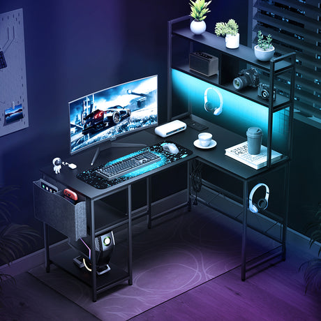 Levede L Shaped Gaming Desk with LED Lights Black-2006732738572455943