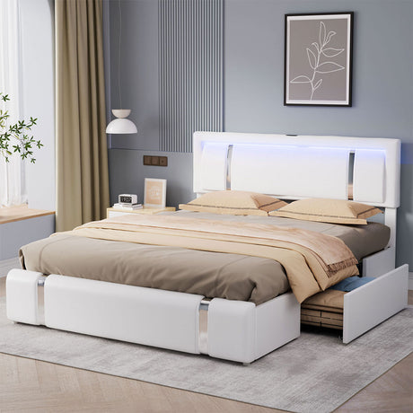 Levede King Bed Frame Leather Headboard RGB 2 Drawers-2006732796147666950