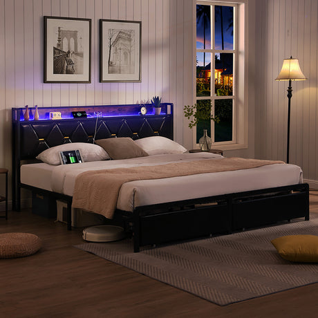 Levede Queen Metal Bed Frame LED Lights 2 Drawers-1954802444034772998