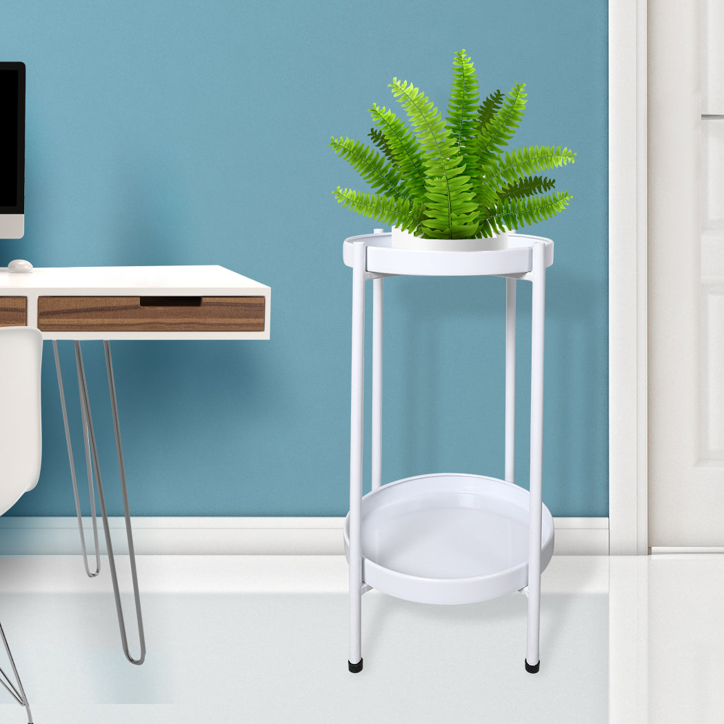 Levede 2 Tiers Plant Stand Metal Flower White Medium-2006732931460108295