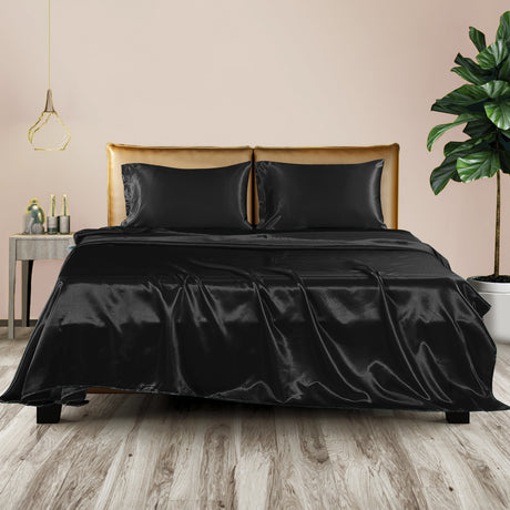 DreamZ Silky Satin Sheets Fitted Flat Queen Black-1954802914287554566