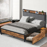 Levede Queen Bed Frame Soft Storage Drawers Headboard USB Charge - Rear View
