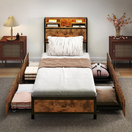 Levede Single Bed Frame Industrial Storage LED Charing-2011971104519884806