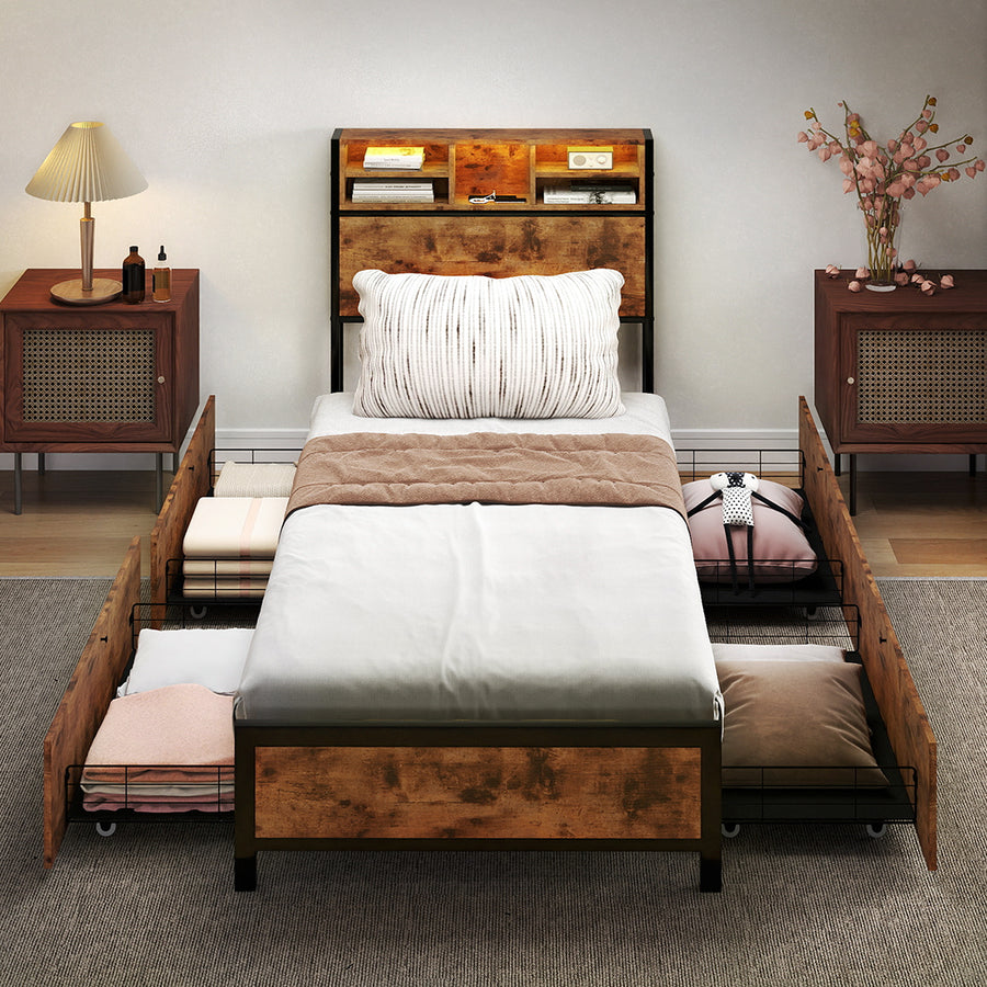 Levede Single Bed Frame Industrial Storage LED Charing-2011971104519884806