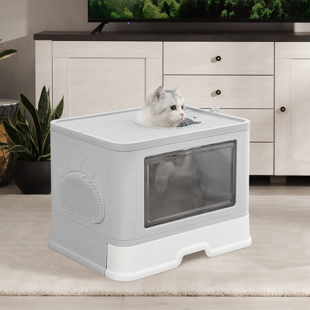 PaWz Foldable Cat Litter Box Tray Enclosed Grey-2018816740015869958