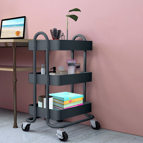 Levede 3 Tiers Kitchen Trolley Cart Grey-2018816738329759752