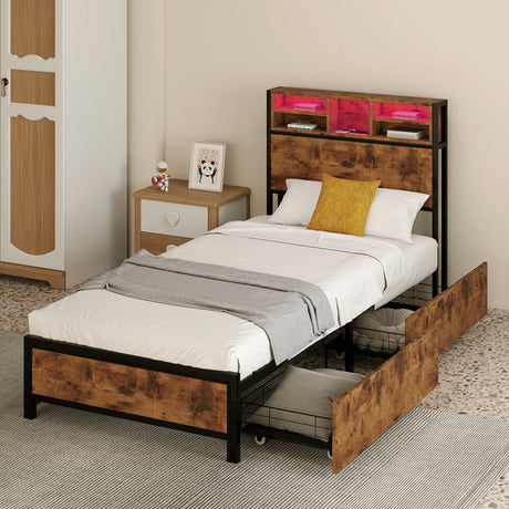 Levede Single Bed Frame Industrial Storage LED Charing-2011971104519884807