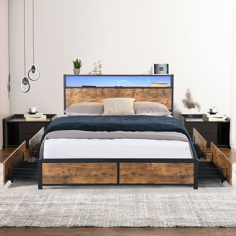 Levede Double Bed Frame RGB LED 4 Drawers USB-1954802376900743175