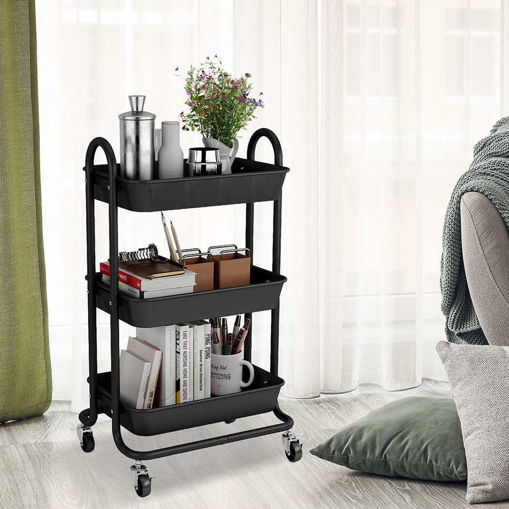 Levede 3 Tiers Kitchen Storage Trolley Black-2018816687264108551