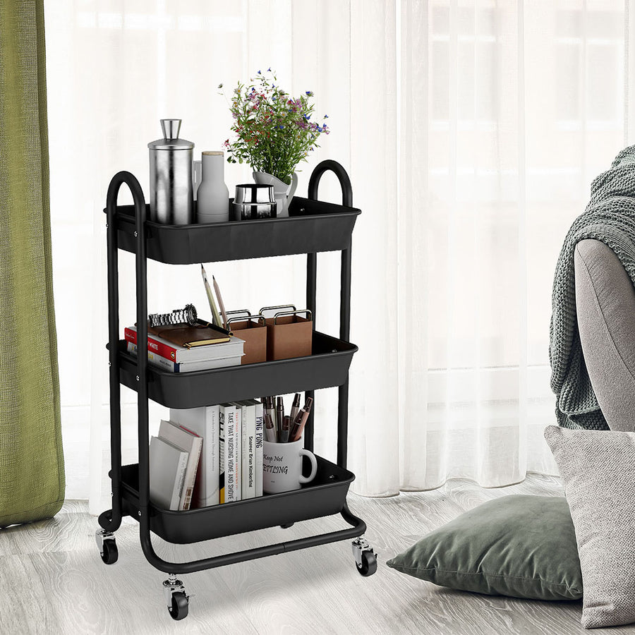 Levede 3 Tiers Kitchen Storage Trolley Black-2018816687264108551