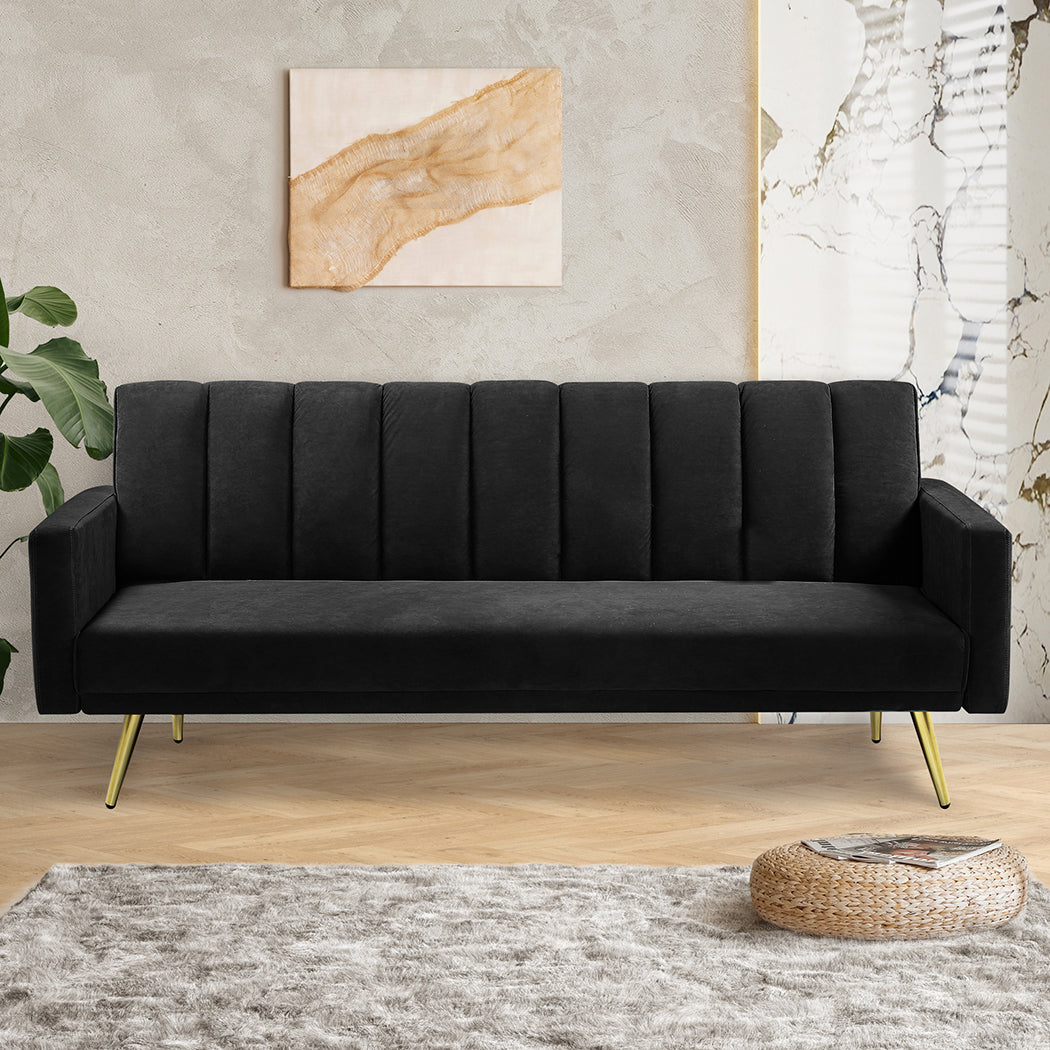 Levede Sofa Bed Convertible Velvet Lounge Recliner Couch Sleeper 3 Seater Black-1954802342197071879