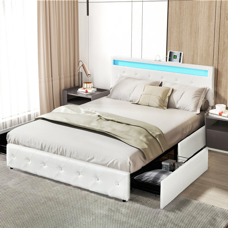 Levede Double Bed Frame RGB LED PU 4 Drawer USB-2006732834257113095