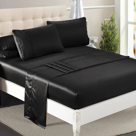DreamZ Silky Satin Sheets Fitted Flat Queen Black-1954802914287554567