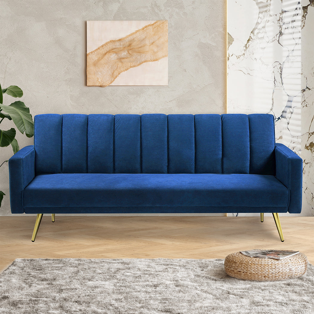 Levede Sofa Bed Convertible Velvet Lounge Recliner Couch Sleeper 3 Seater Blue-1954802342377426951