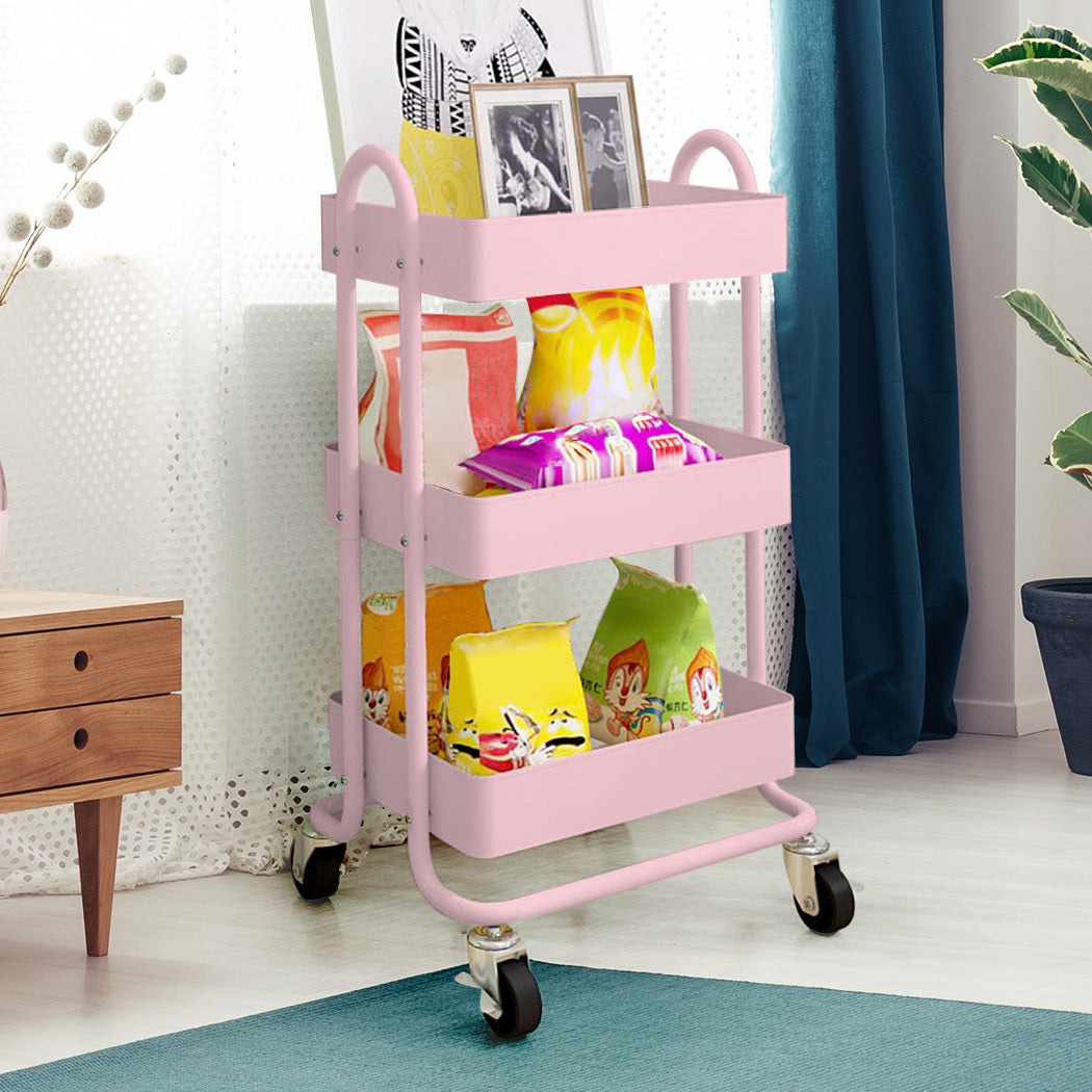 Levede 3 Tiers Kitchen Trolley Cart Pink-2018816727663644679
